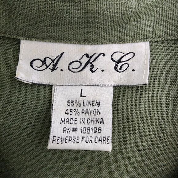 AKC Womens Top Large Green Linen Blend Embroidered Cocktails Tiki Button Pocket - Picture 9 of 10